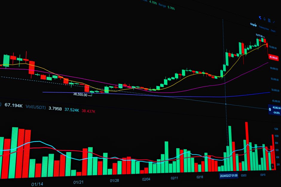 Moving average crossover strategy — Graphic showing stock market trends with rising and falling bars and line graph